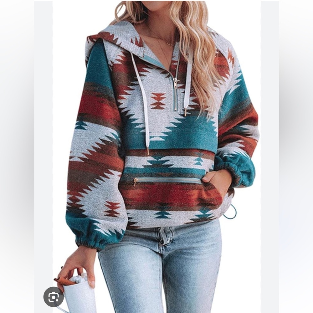 Aztec Print Pattern Western 1/4 Zip Long Sleeve Pullover Hoodie Sweatshirt